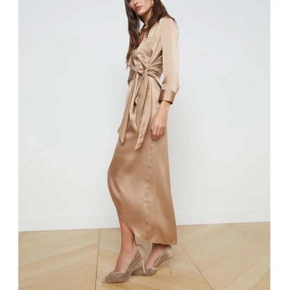 L'AGENCE Kadi Silk Maxi Ling Wrap Silk Dress V Neck Cappuccino Luxury Formal - Picture 1 of 7